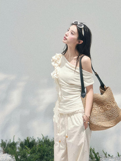 AOMALM's "Shallow Whispers" French-style Ruffled Off-Shoulder T-Shirt for Women, Spring Fitted Short Top