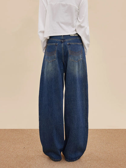 EDX American-style curved blade jeans for women, 2025 Fall/Winter, retro button and sickle design, high-waisted wide-leg curved blade pants.