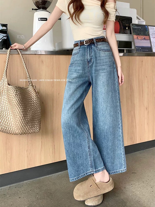 Kumikumi blue retro washed straight jeans for women spring high waist slim wide leg pants loose nine-point pants
