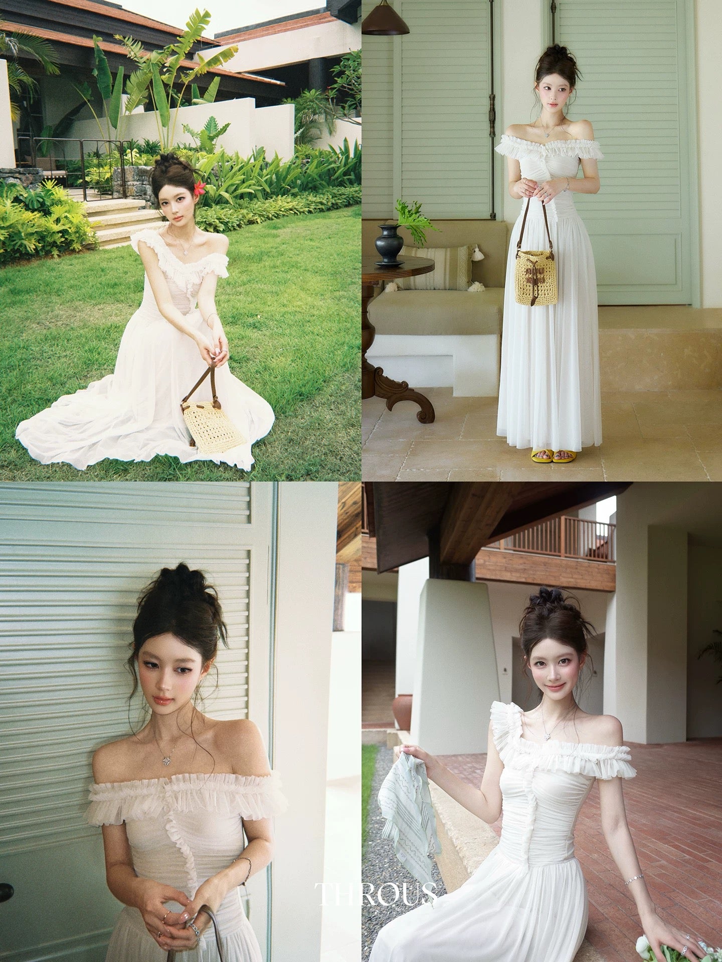 Xie Burou, Ruffled Off-Shoulder Mesh Dress for Women, Summer French Style, High-End, Slim Fit A-line Long Skirt
