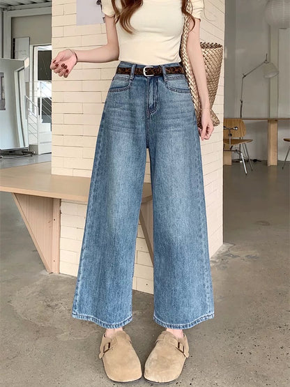 Kumikumi blue retro washed straight jeans for women spring high waist slim wide leg pants loose nine-point pants