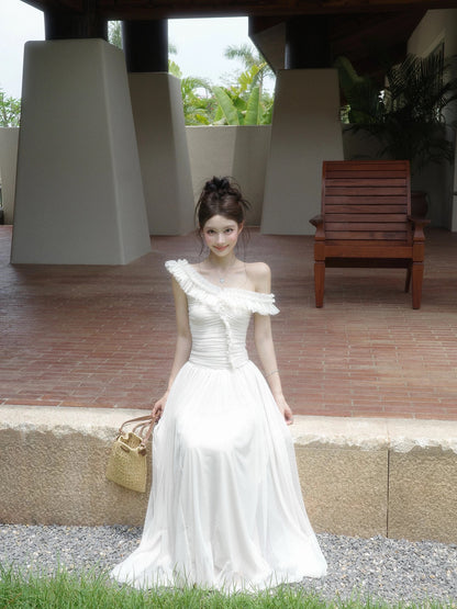 Xie Burou, Ruffled Off-Shoulder Mesh Dress for Women, Summer French Style, High-End, Slim Fit A-line Long Skirt