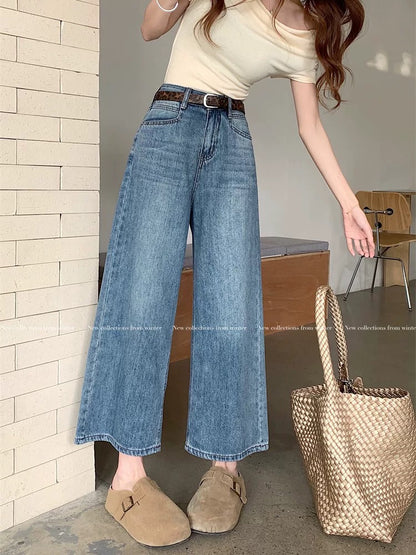 Kumikumi blue retro washed straight jeans for women spring high waist slim wide leg pants loose nine-point pants