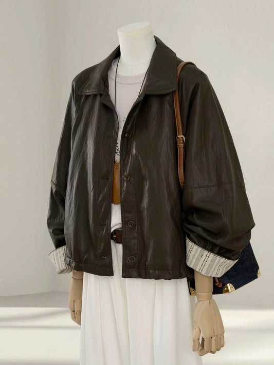 2025 autumn super hot Korean brown leather jacket women's cool and beautiful short PU leather jacket