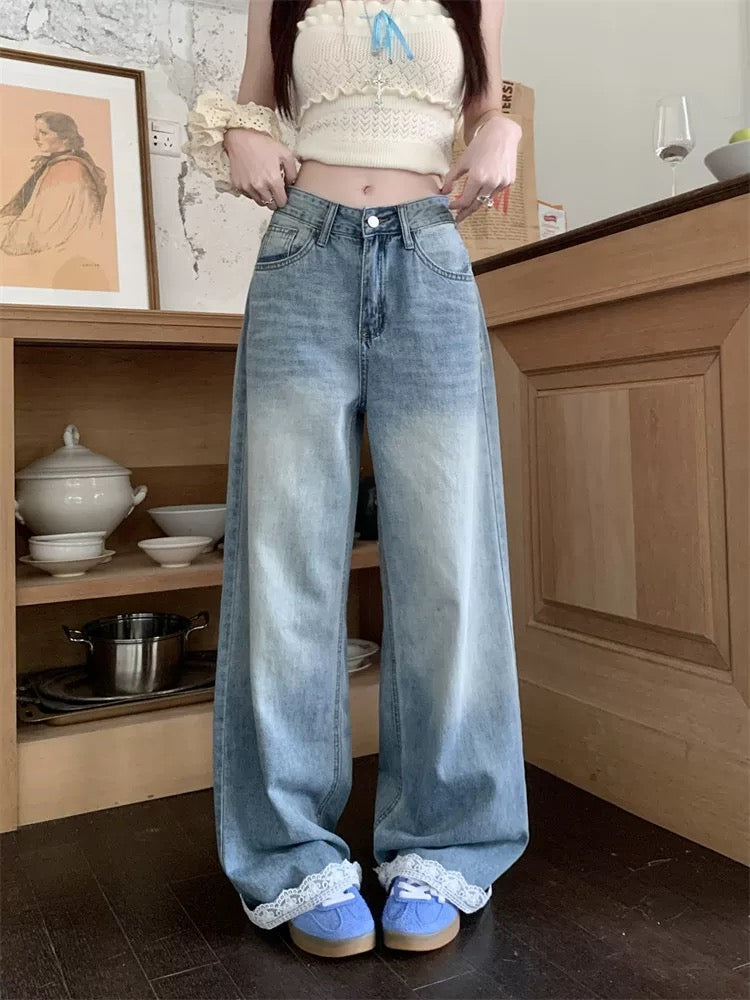 Lace stitching wide-leg jeans for women spring American loose straight pants casual high waist slim mopping trousers