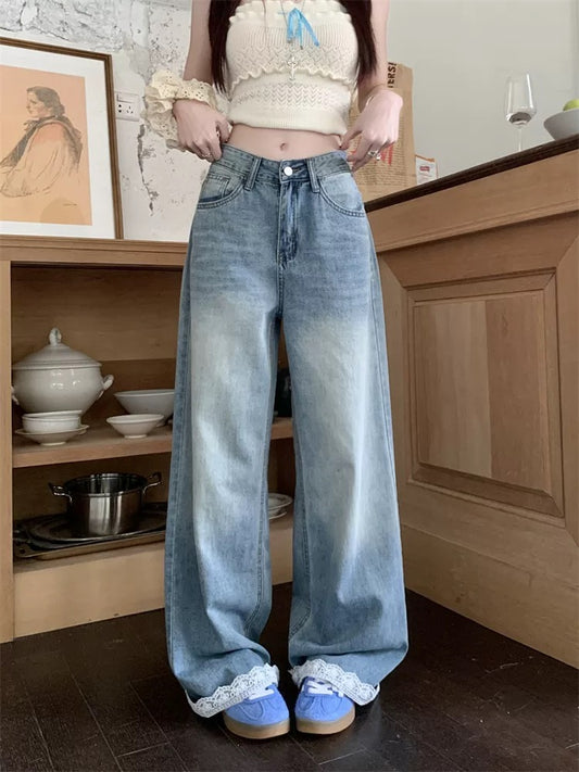 Lace stitching wide-leg jeans for women spring American loose straight pants casual high waist slim mopping trousers