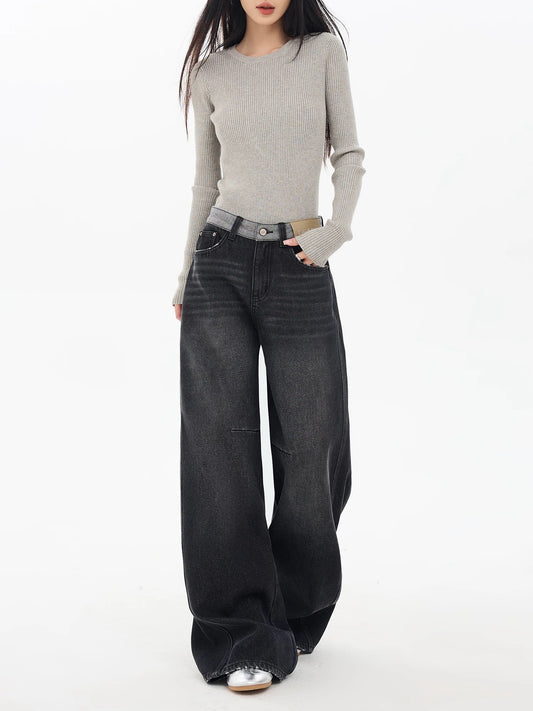 EDX Black Straight Leg Fleece-Lined Jeans for Women, 2025 Autumn/Winter New Style, Slim Fit, Loose Fit, Wide Leg, High Waistband Patchwork Design