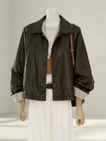 2025 autumn super hot Korean brown leather jacket women's cool and beautiful short PU leather jacket