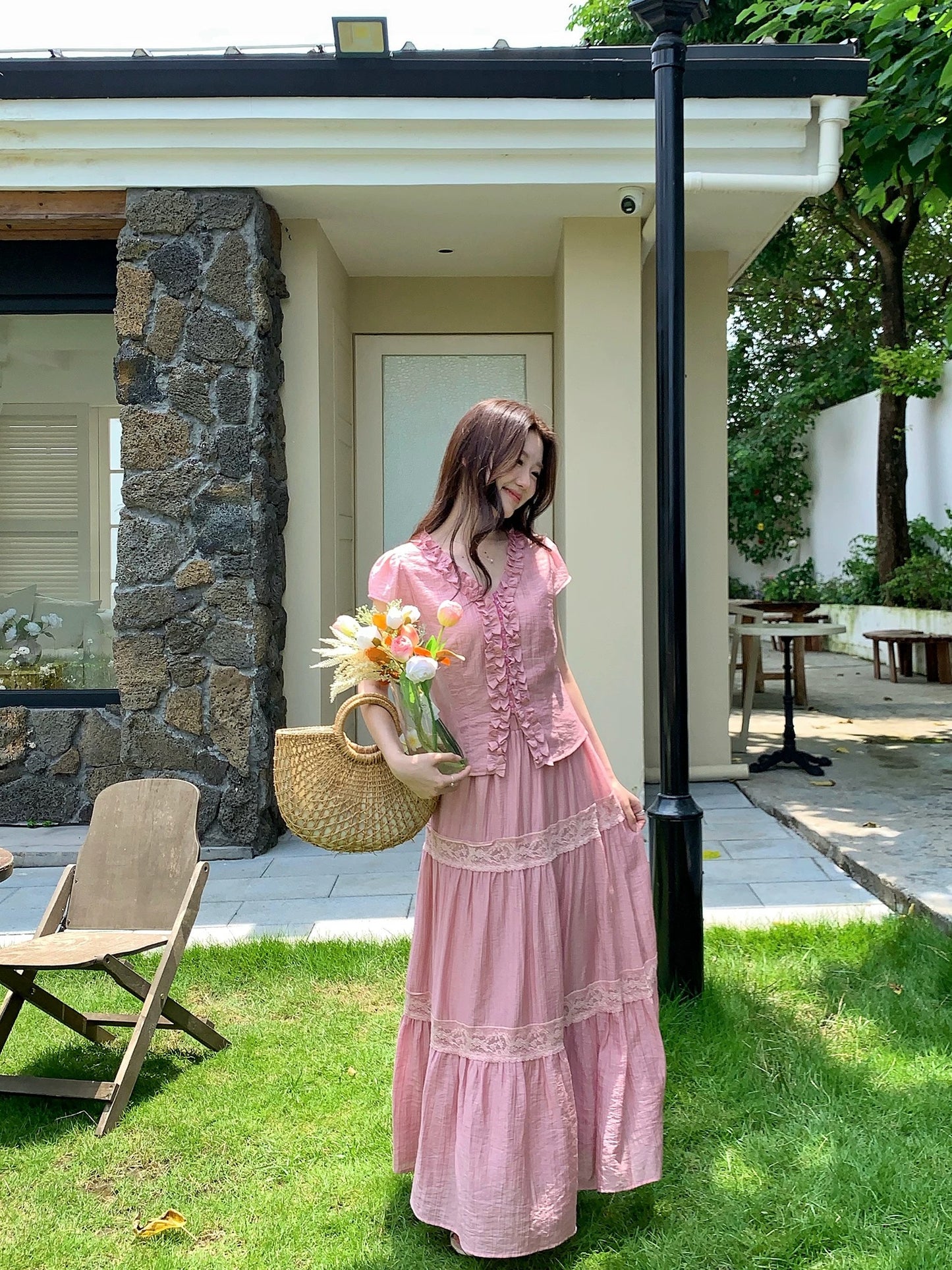 Huo Huo [Half-Sugar Peach Crisp] Korean Style Tencel Cotton French Lace Waist-Slimming Top and Lace-Patched Skirt Set