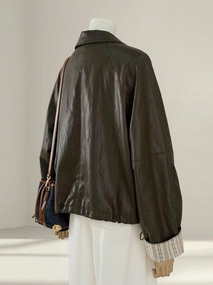 2025 autumn super hot Korean brown leather jacket women's cool and beautiful short PU leather jacket