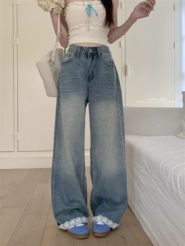 Lace stitching wide-leg jeans for women spring American loose straight pants casual high waist slim mopping trousers