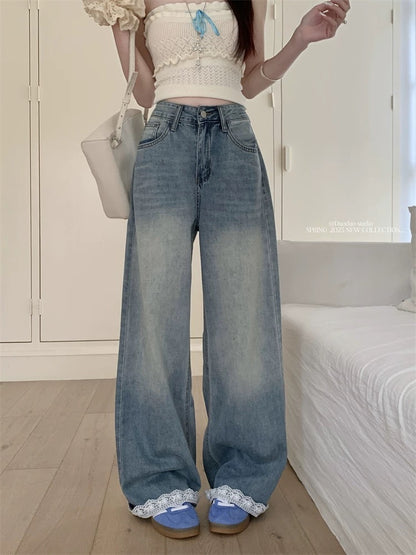 Lace stitching wide-leg jeans for women spring American loose straight pants casual high waist slim mopping trousers