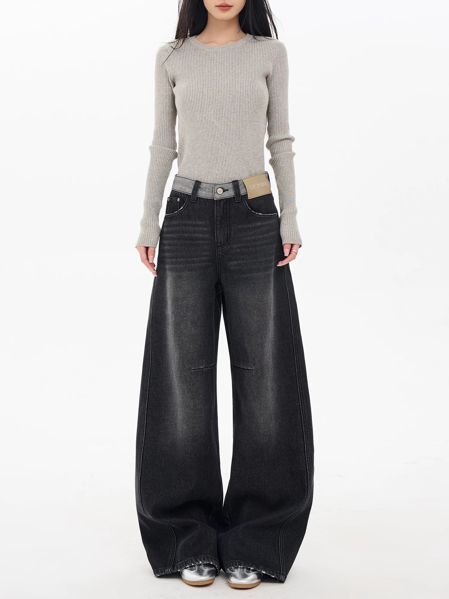 EDX Black Straight Leg Fleece-Lined Jeans for Women, 2025 Autumn/Winter New Style, Slim Fit, Loose Fit, Wide Leg, High Waistband Patchwork Design