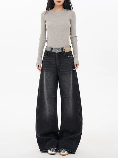 EDX Black Straight Leg Fleece-Lined Jeans for Women, 2025 Autumn/Winter New Style, Slim Fit, Loose Fit, Wide Leg, High Waistband Patchwork Design