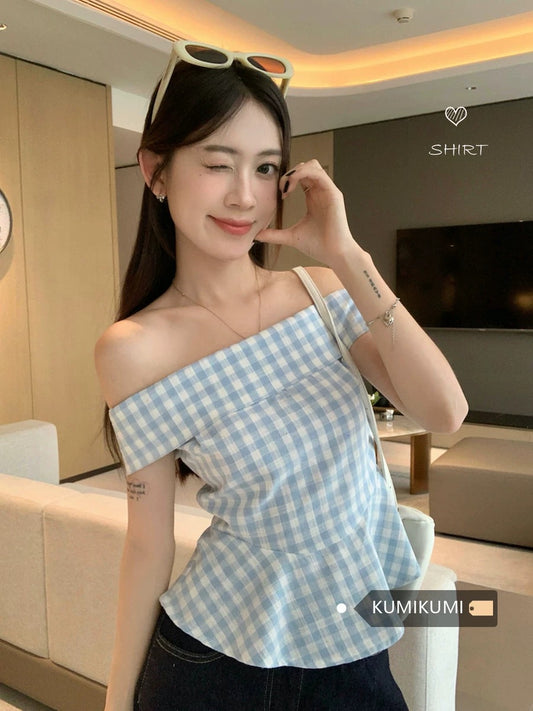 Kumikumi Sweet Hot Girl Plaid One Shoulder Shirt Women's Summer Design Ruffled Short Slim Top