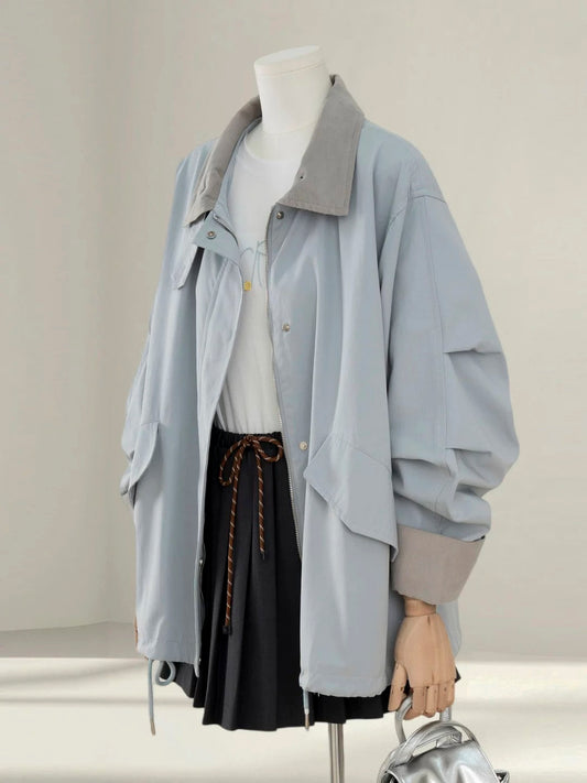 Misty blue casual windbreaker jacket for women 2025 autumn new Korean style loose and beautiful work jacket top