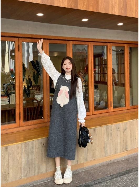 Sweet stacked fashion suit for women autumn 2024 new long-sleeved bottoming shirt knitted vest dress two-piece set