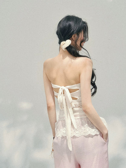 AOMALM's "Dazed Muse" sheer lace cutout thin strapless T-shirt for women, perfect for early spring and a sexy look.