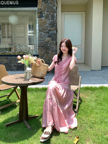 Huo Huo [Half-Sugar Peach Crisp] Korean Style Tencel Cotton French Lace Waist-Slimming Top and Lace-Patched Skirt Set