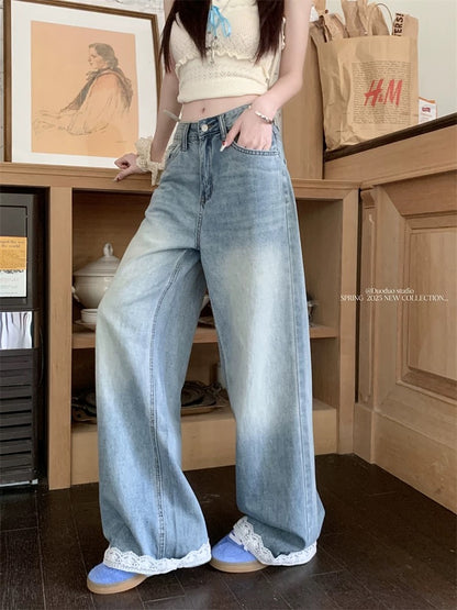 Lace stitching wide-leg jeans for women spring American loose straight pants casual high waist slim mopping trousers