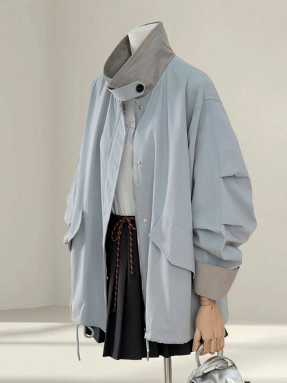 Misty blue casual windbreaker jacket for women 2025 autumn new Korean style loose and beautiful work jacket top