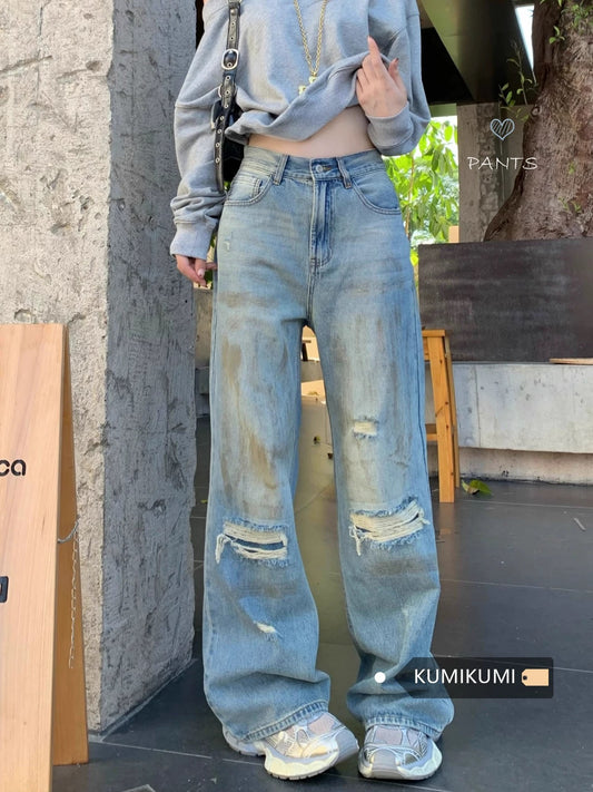 Kumikumi American retro new style old washed jeans for women spring high waist slim mopping pants trousers