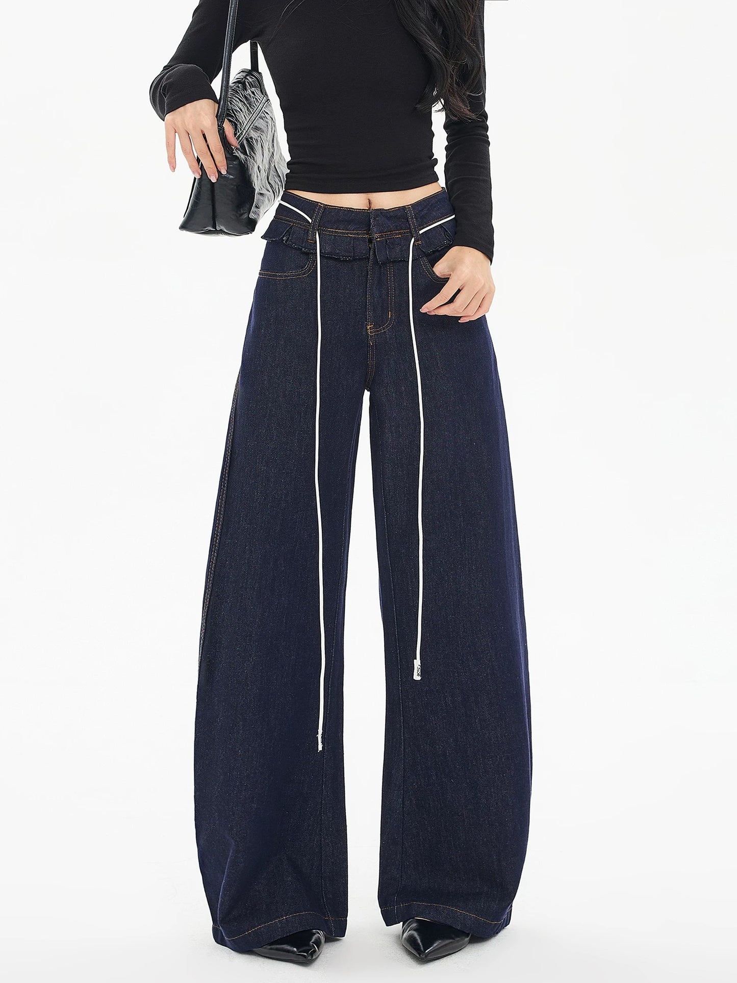 EDX Denim Slim Fit Curved Knife Jeans, 2025 Autumn/Winter New Style, Ruffled Edge, Double Waistband, Sickle Knit Jeans