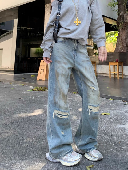 Kumikumi American retro new style old washed jeans for women spring high waist slim mopping pants trousers