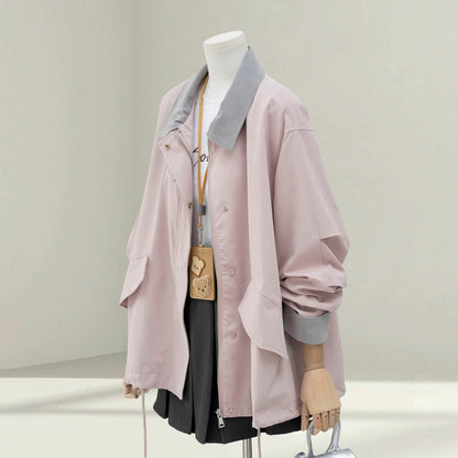 Misty blue casual windbreaker jacket for women 2025 autumn new Korean style loose and beautiful work jacket top