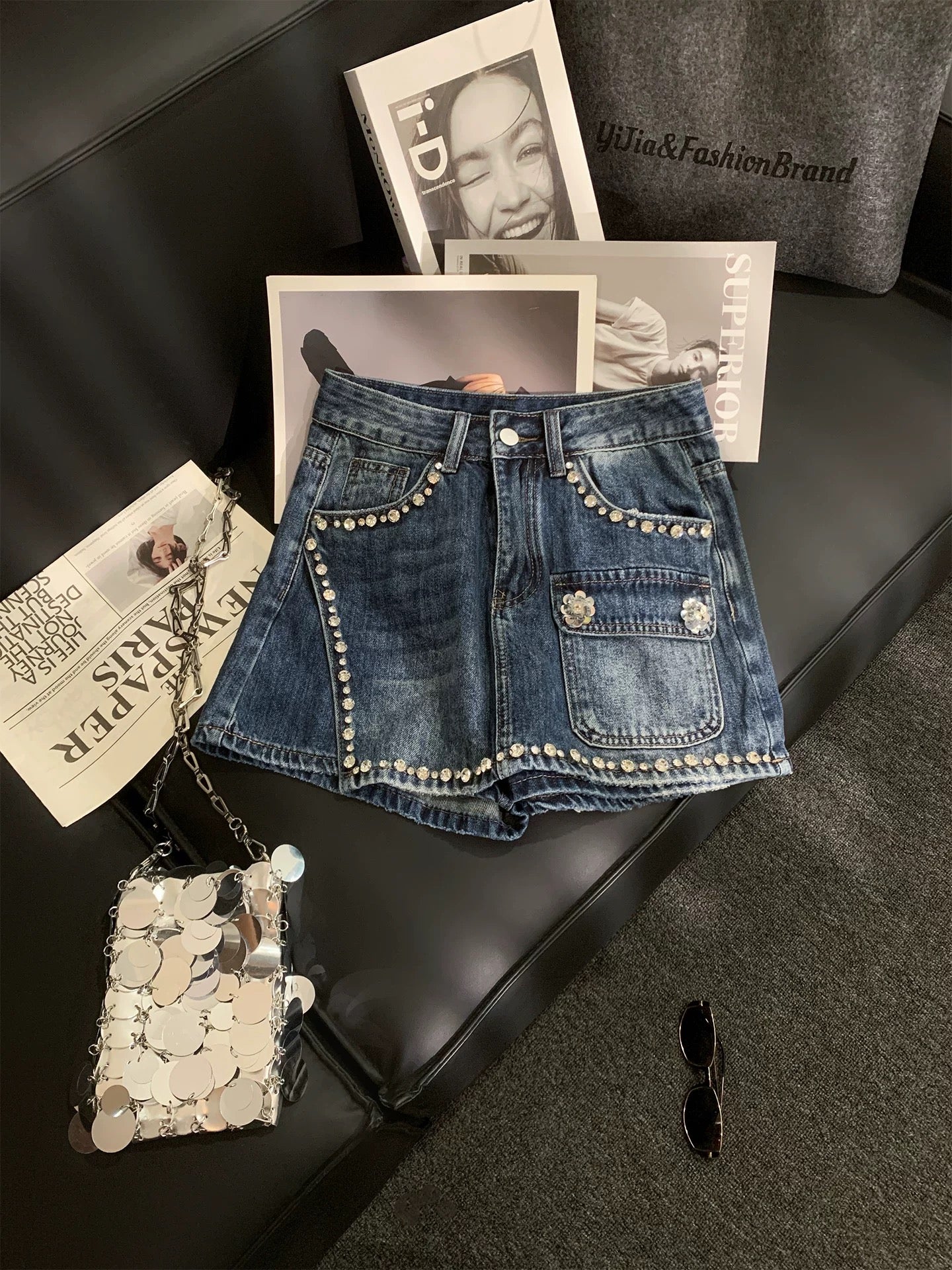 ZHOUYI/Monday Retro-style beaded denim culottes for women, high-waisted, slimming A-line shorts/hot pants