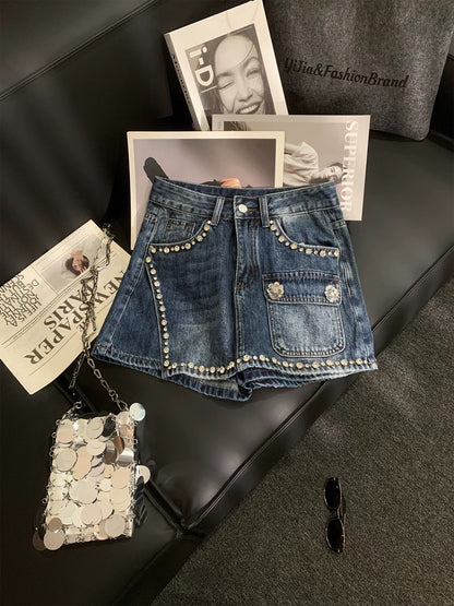 ZHOUYI/Monday Retro-style beaded denim culottes for women, high-waisted, slimming A-line shorts/hot pants