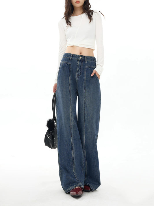 EDX Dark Blue Loose Straight Leg Jeans for Women, Autumn/Winter, Fleece Lined, Retro Drape-Style Patchwork Casual Wide Leg Pants