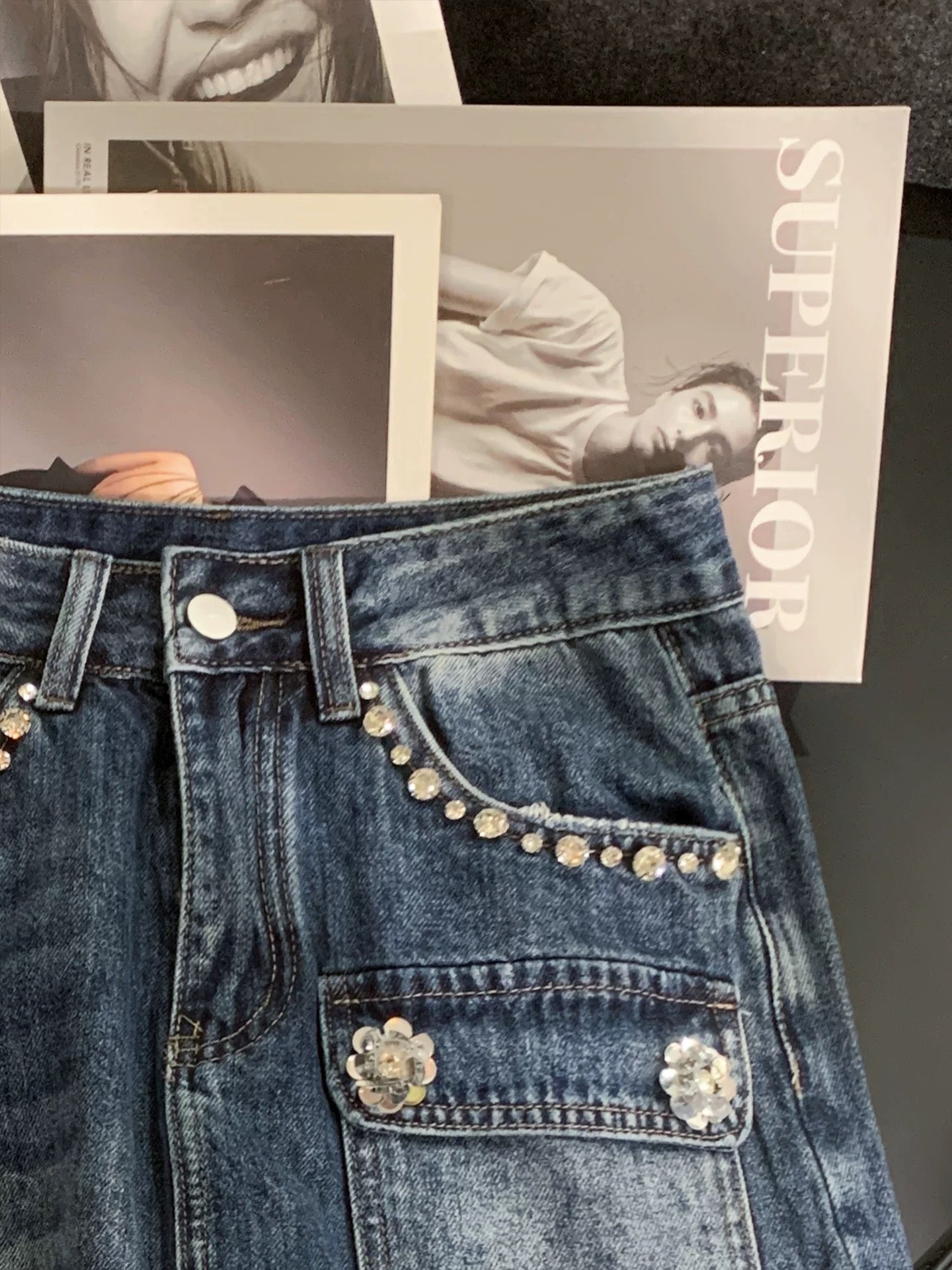 ZHOUYI/Monday Retro-style beaded denim culottes for women, high-waisted, slimming A-line shorts/hot pants