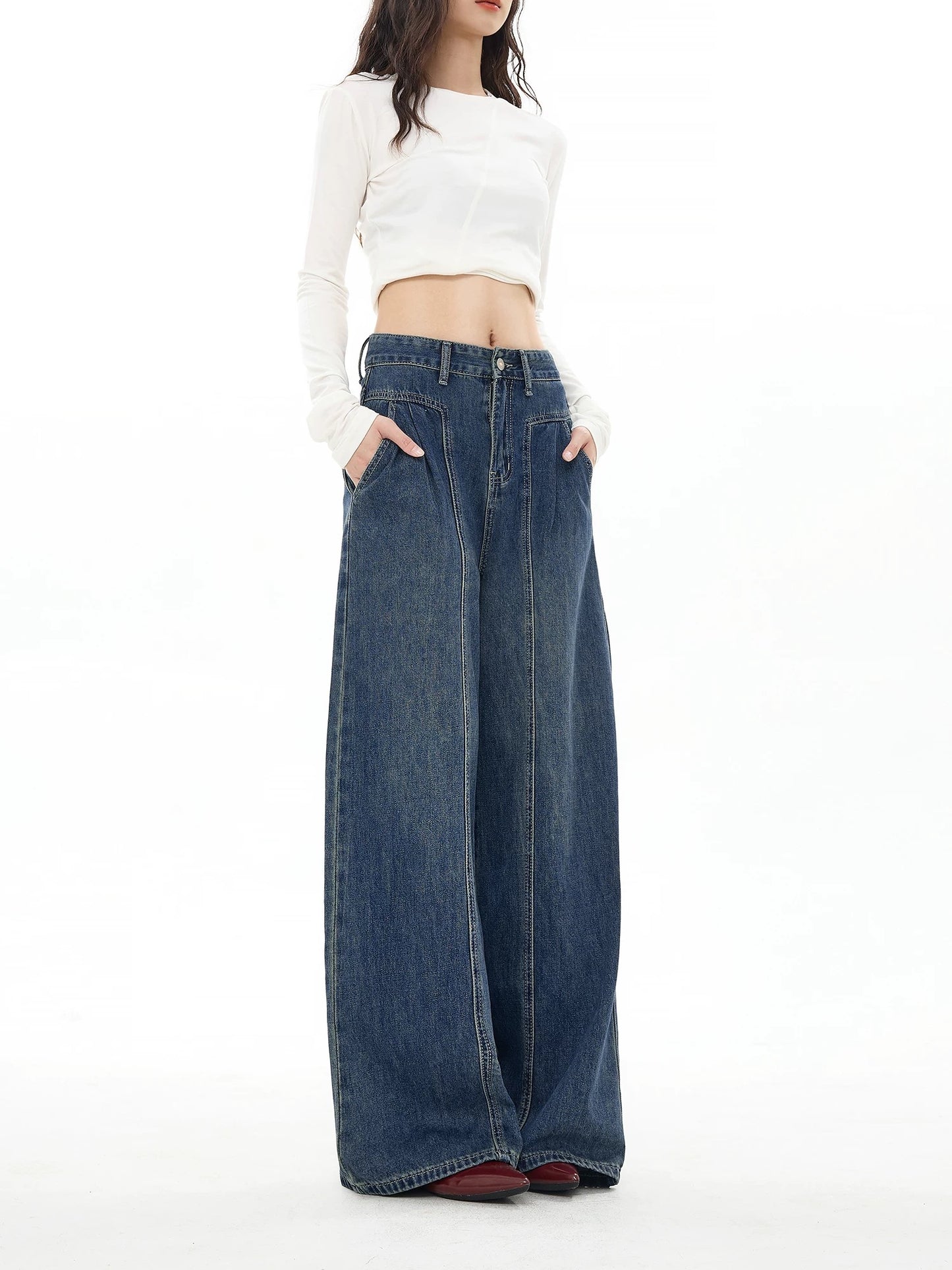 EDX Dark Blue Loose Straight Leg Jeans for Women, Autumn/Winter, Fleece Lined, Retro Drape-Style Patchwork Casual Wide Leg Pants