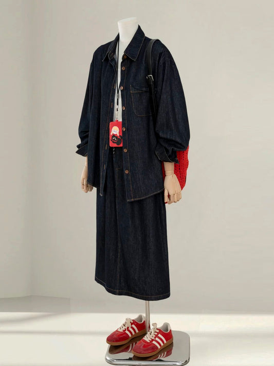 Korean retro denim suit for women 2025 autumn new lazy style loose slim shirt skirt two-piece suit