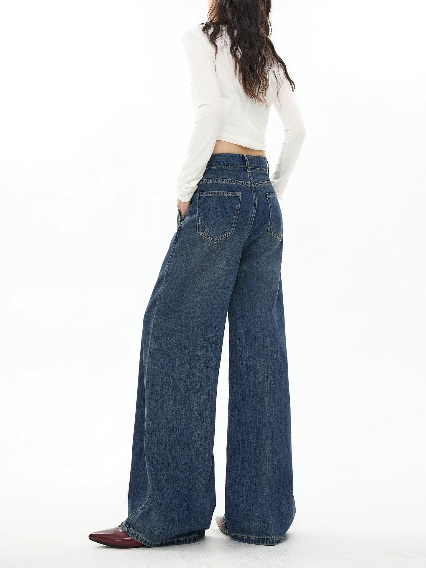 EDX Dark Blue Loose Straight Leg Jeans for Women, Autumn/Winter, Fleece Lined, Retro Drape-Style Patchwork Casual Wide Leg Pants