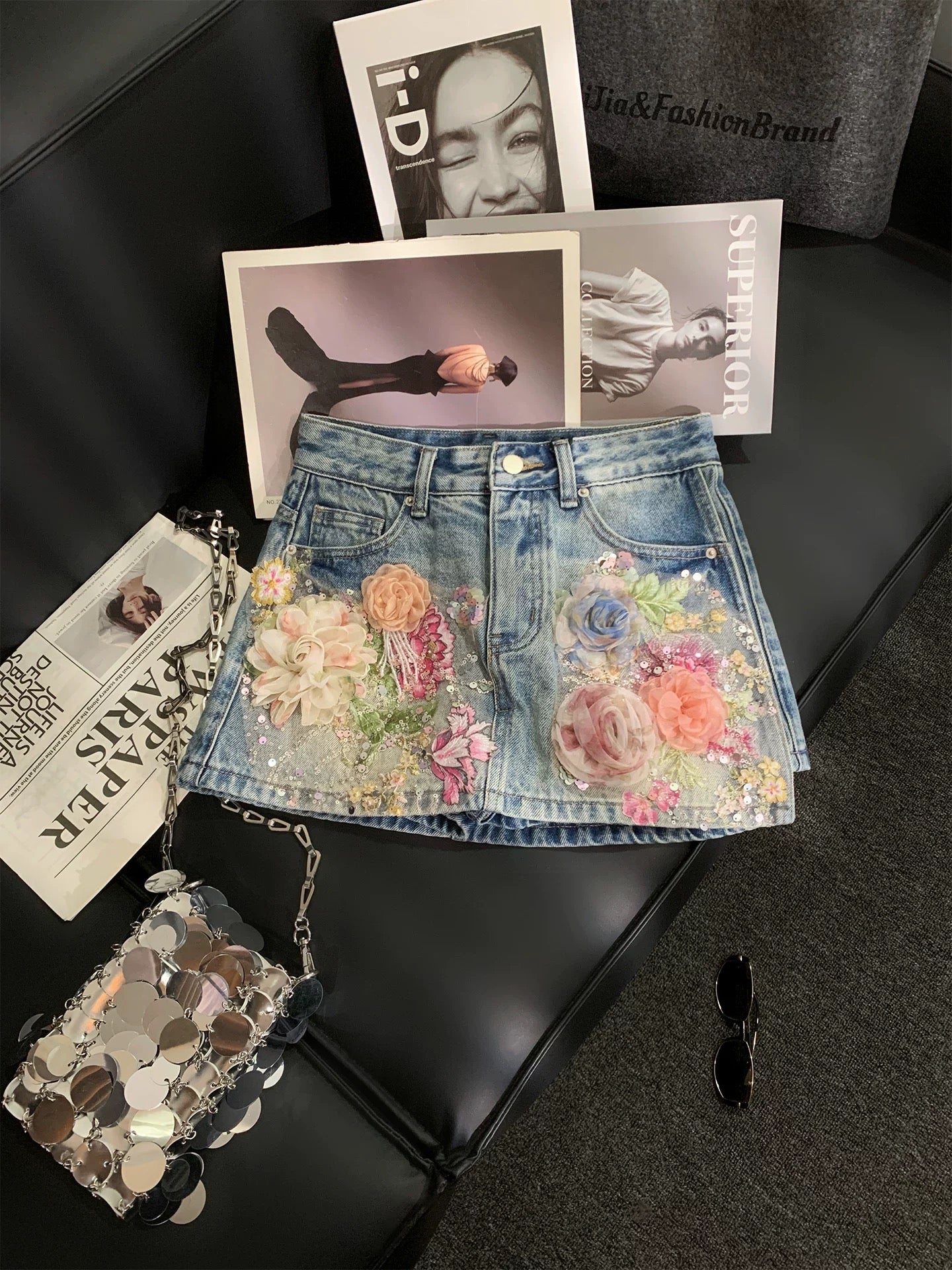 ZHOUYI/Monday High-end 3D floral beaded sequined denim shorts A-line anti-exposure skirt/hot pants