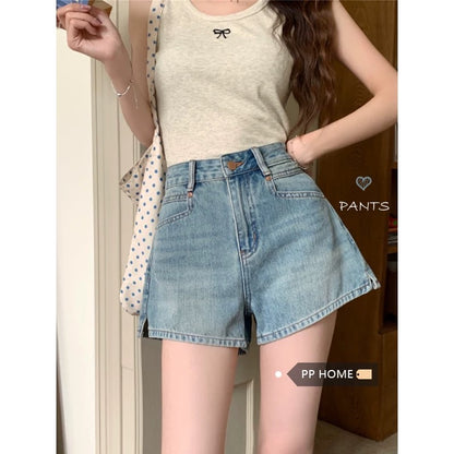 PPHOME cool and spicy standard ~ classic versatile denim shorts women's high waist A-shaped split shorts shorts for petite girls