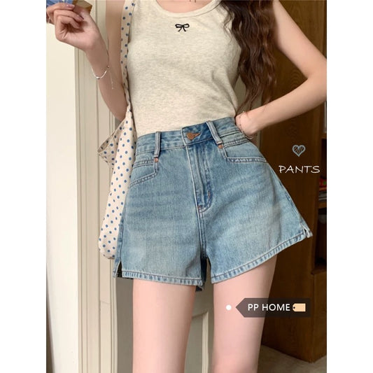PPHOME cool and spicy standard ~ classic versatile denim shorts women's high waist A-shaped split shorts shorts for petite girls