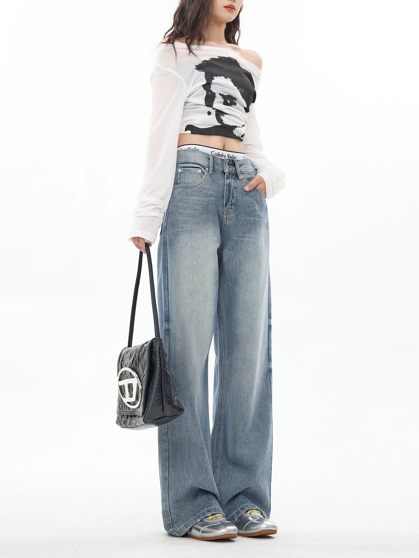 EDX Light Color Straight Leg Jeans for Women, 2025 Autumn/Winter New Style, High-End Design, Low-Waisted, Slightly Flared, Loose Wide Leg Pants