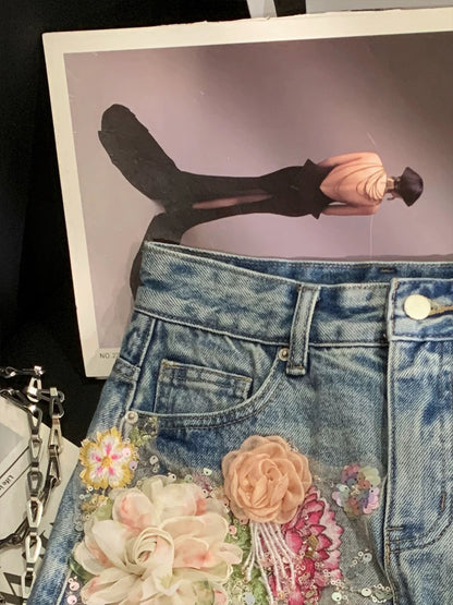 ZHOUYI/Monday High-end 3D floral beaded sequined denim shorts A-line anti-exposure skirt/hot pants
