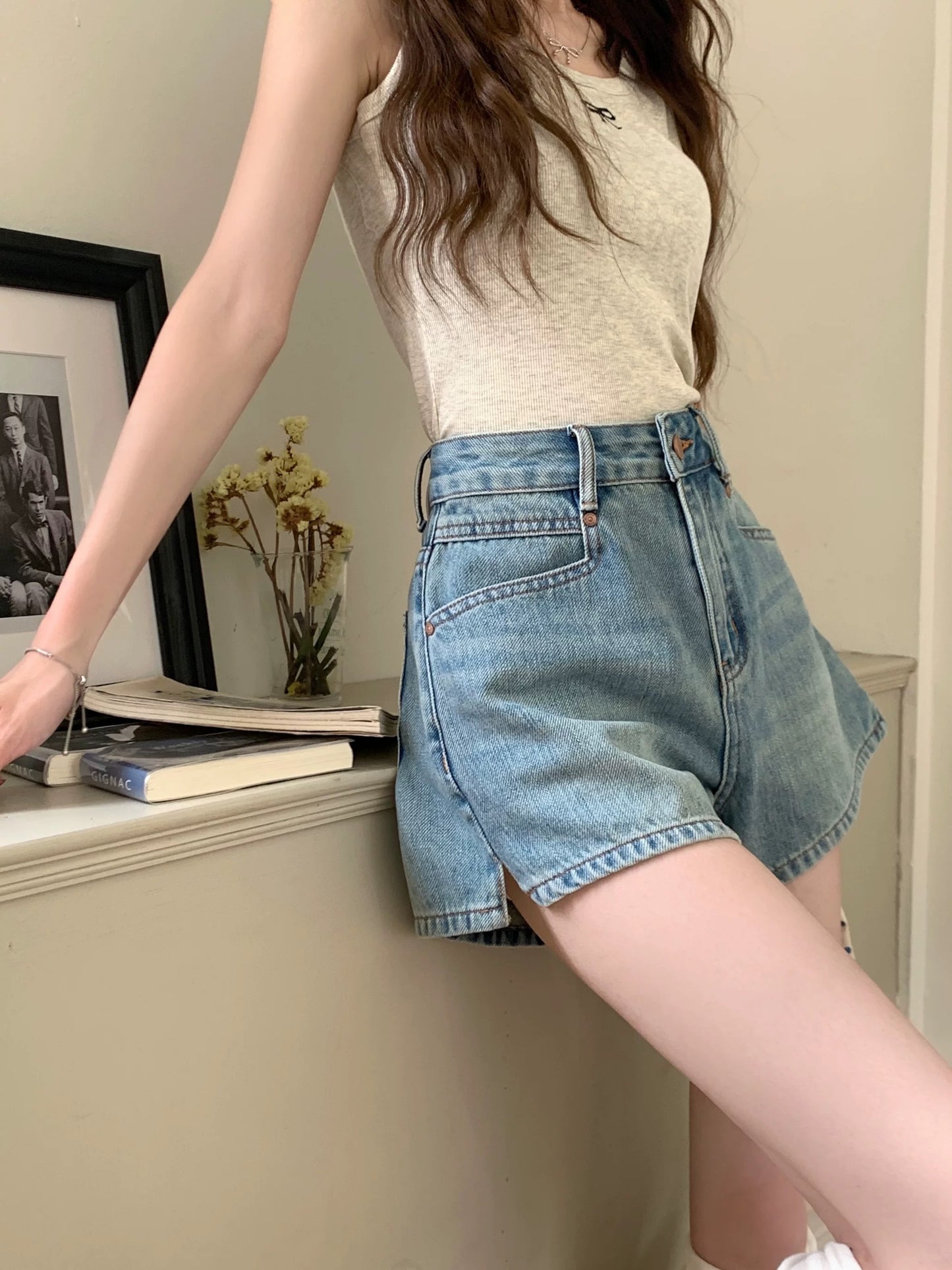 PPHOME cool and spicy standard ~ classic versatile denim shorts women's high waist A-shaped split shorts shorts for petite girls