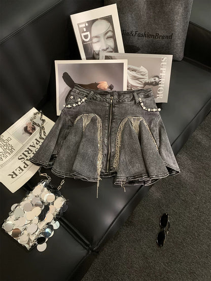 ZHOUYI/Monday French-style heavy-duty tassel chain ruffle denim midi skirt, women's design-conscious zipper mini skirt