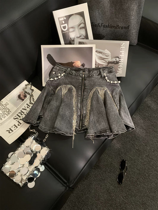 ZHOUYI/Monday French-style heavy-duty tassel chain ruffle denim midi skirt, women's design-conscious zipper mini skirt