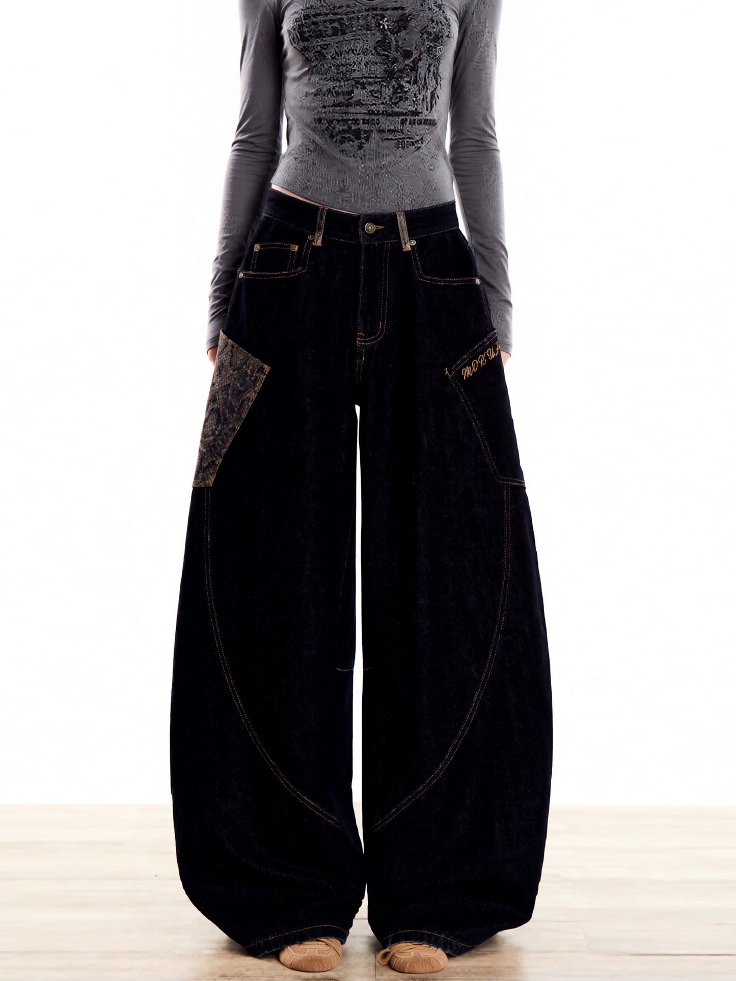 EDX Black Curved Blade Pants Women's Autumn New Wide-Leg Casual Loose-Fitting Python Skin Patchwork Retro Jeans