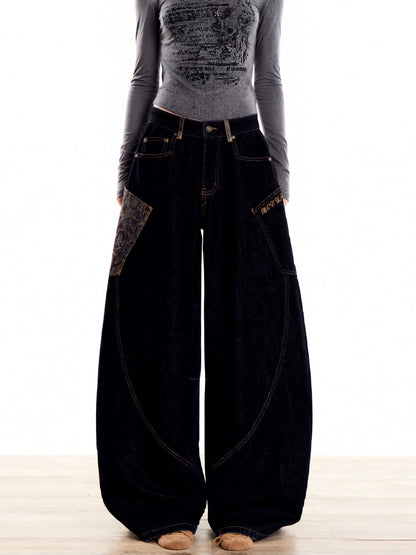 EDX Black Curved Blade Pants Women's Autumn New Wide-Leg Casual Loose-Fitting Python Skin Patchwork Retro Jeans