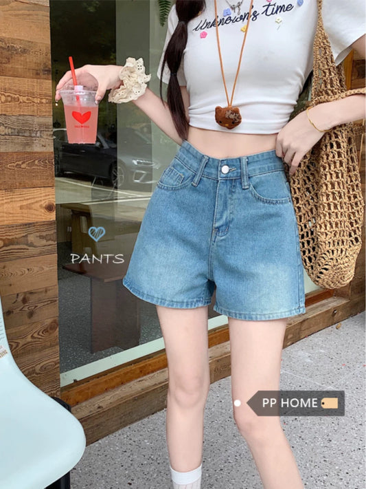 PPHOME girl group hot girl ~ washed nostalgic blue denim shorts women's high waist a-line straight wide leg shorts