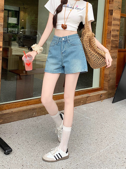 PPHOME girl group hot girl ~ washed nostalgic blue denim shorts women's high waist a-line straight wide leg shorts