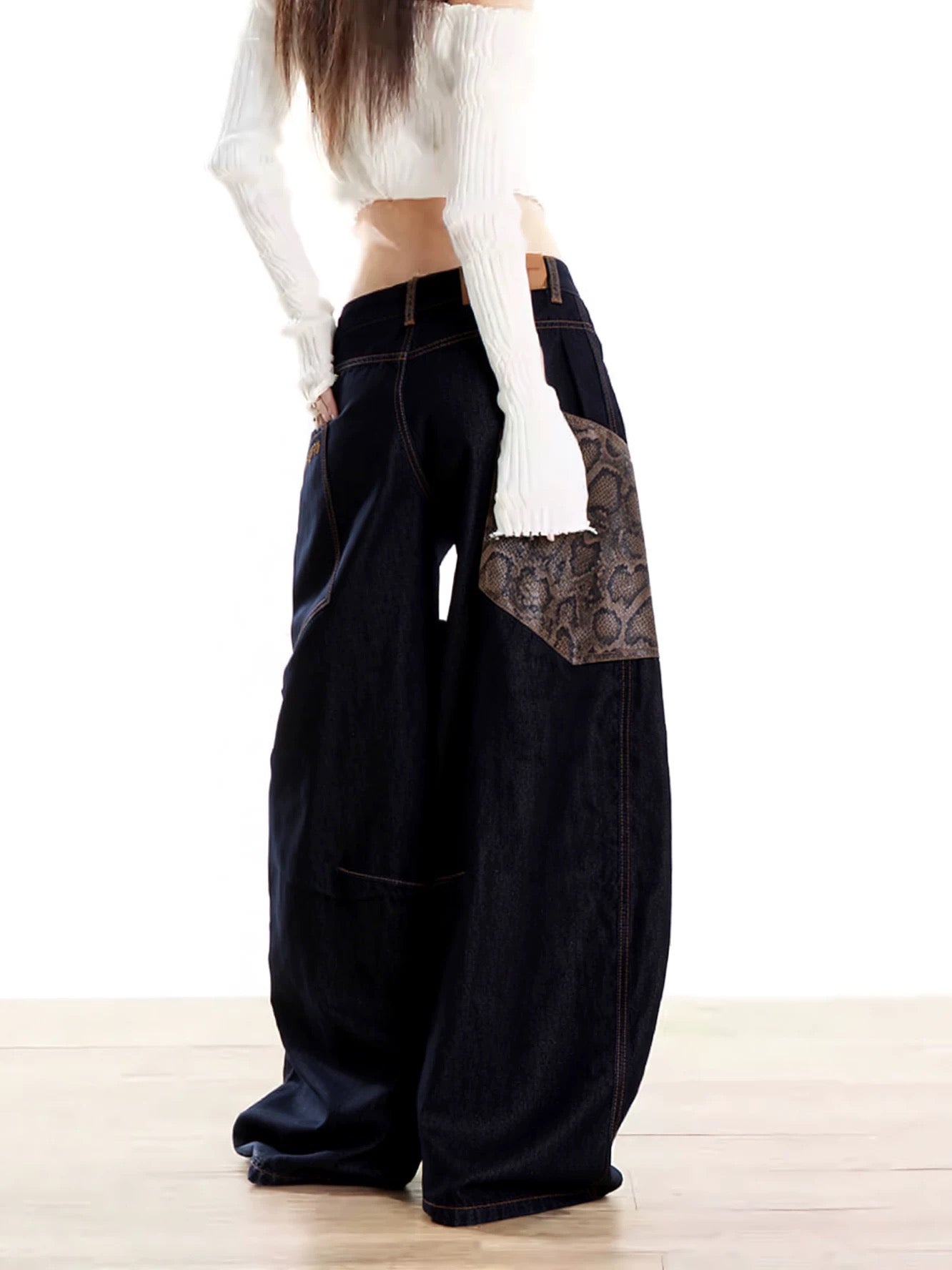 EDX Black Curved Blade Pants Women's Autumn New Wide-Leg Casual Loose-Fitting Python Skin Patchwork Retro Jeans