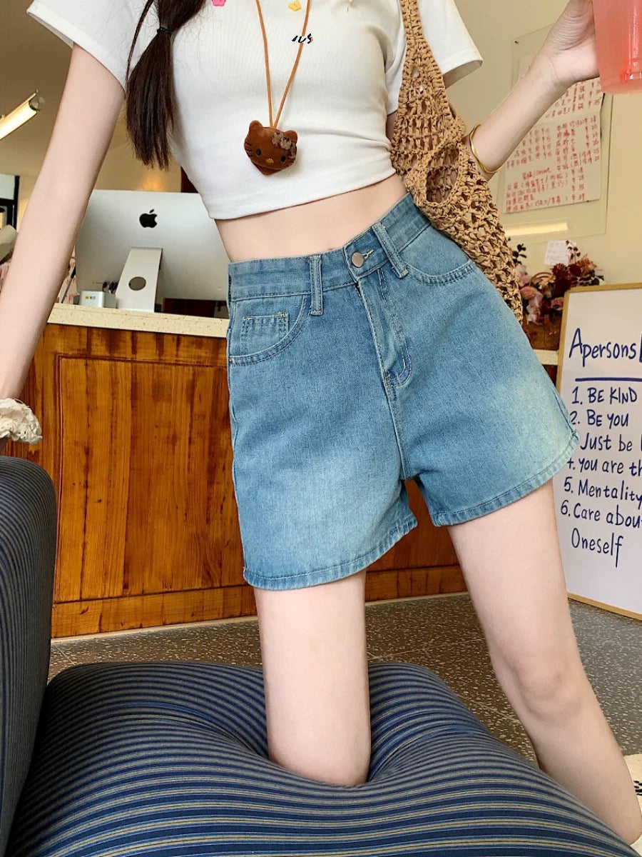 PPHOME girl group hot girl ~ washed nostalgic blue denim shorts women's high waist a-line straight wide leg shorts